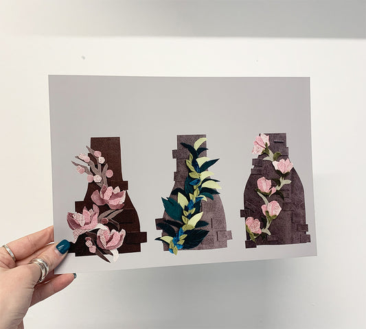 Pink Trio of Bottle Kilns, Potbank Print, Stoke Print, Floral Potbank Print